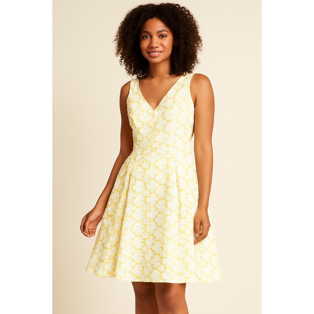 ModCloth Women's Retro Yellow White Floral Lace Fit & Flare Sleeveless Dress- S